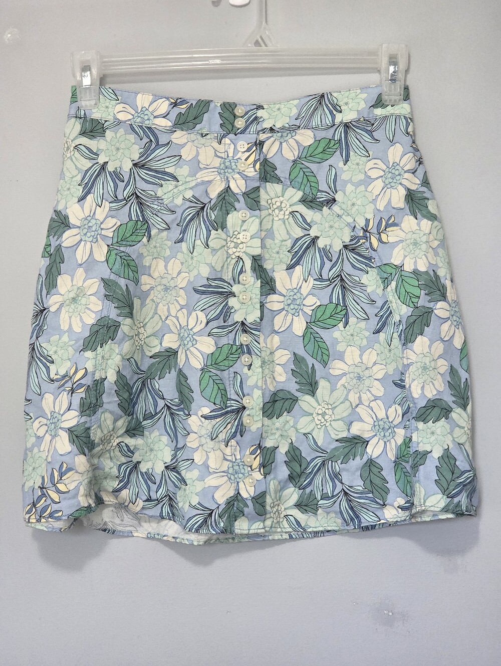 LOFT Blue Green Floral Linen Blend Button Front Seamed Mini Skirt Sz S NWT